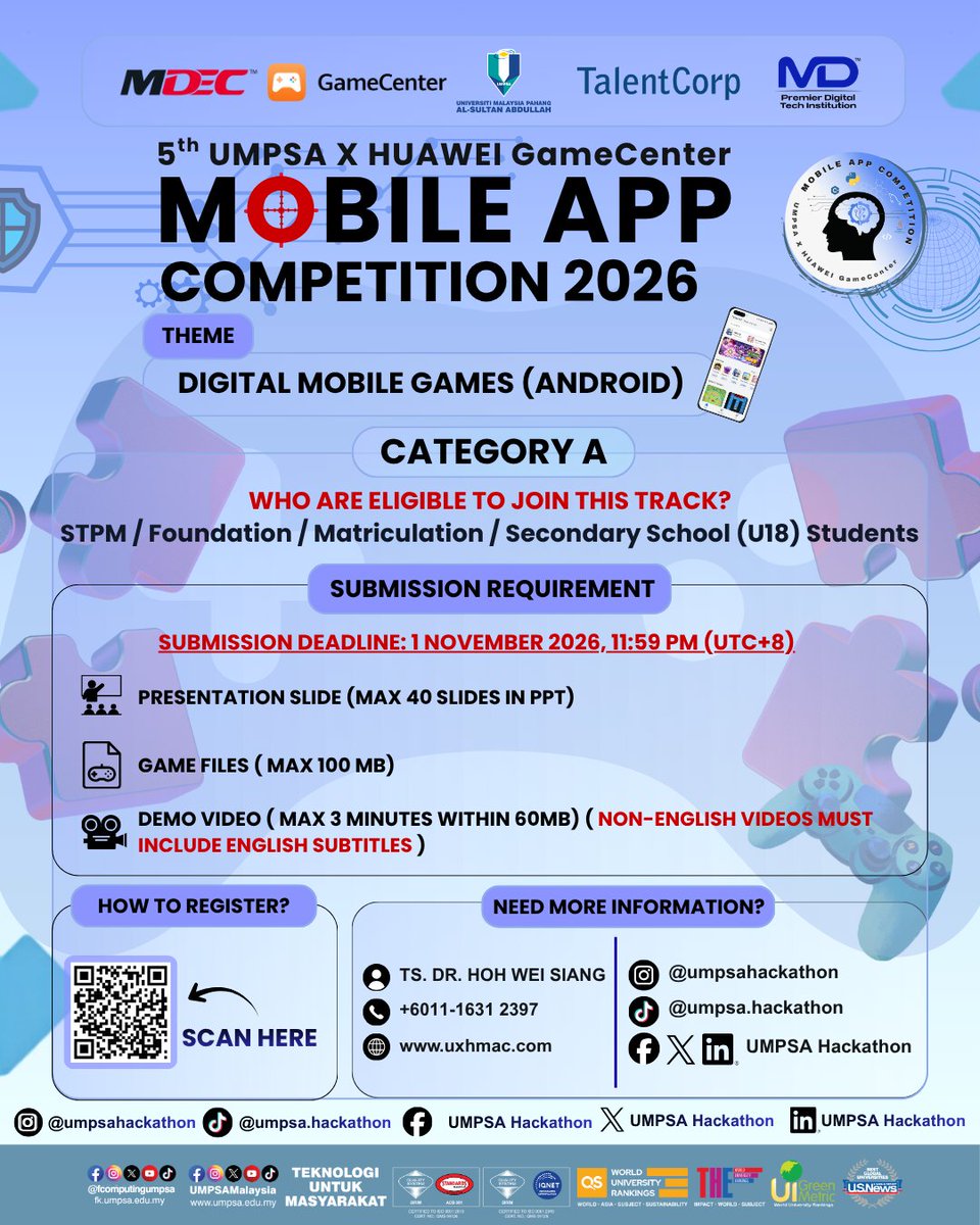 umpsahackathon's tweet photo. 🎮 Ready to build your own game? The official theme for UXHMAC2026 is DIGITAL MOBILE GAMES (Android)!
Whether you're flying solo or squading up, now is your time to turn that idea into a playable reality.
Register now: https://t.co/soEhju4ggc
#mypdti #mdec #TalentCorp https://t.co/Pd6JCLvibt