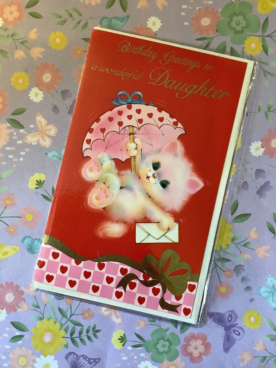 WatsonsVintage's tweet photo. The PURRFECT Birthday Card for your #Daughter RARE Circa 1980s Vintage Unused 'Birthday Greetings To A Wonderful Daughter' Cute/Retro Card With Cat & Pretty Parasol Design https://t.co/5ZkFUksA1A via @Etsy #VintageCards #BirthdayCards #CatDesign #kitsch #retro #80sNostalgia #Parasol