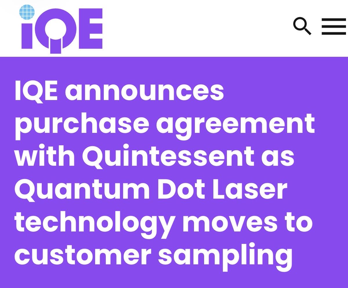 aleabitoreddit's tweet photo. $IQE is actually a quantum dot foundry leader believe it or not.

Today IQE announced a purchase agreement with Quintessent (top player in the QD space).

“As quantum dot lasers move to customer sampling.”

Your QD bros like $ALMU, QD Laser (6613), and others might finally start to see the light of day, with broader commercialization in the next few years. 

Second order effects are QD machine chokepoints like $ALRIB that might capture more attention.

But TAM is typically pretty small on the QD material epi side of things. (No disclosure over $ figure), but good news nevertheless.