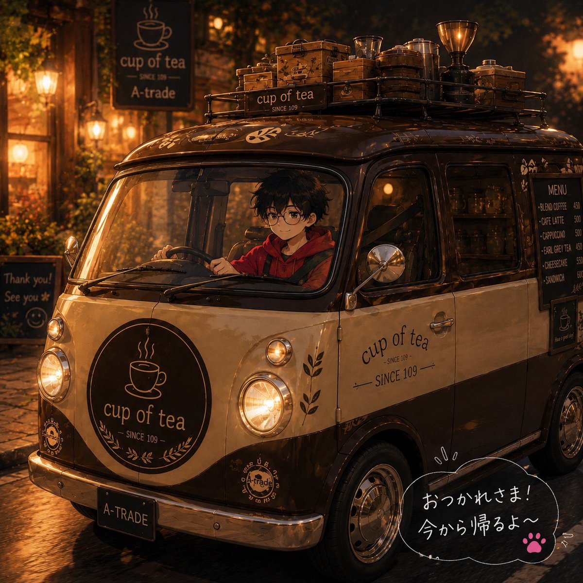 Atrade_yousuke's tweet photo. 今日も一日おつかれさまでした😊
仕事終了〜❗️
cup of tea号と一緒に、今から帰ります🚐☕✨
安全運転でのんびり帰ろ〜♪
皆さんも素敵な夜を🌙
#帰宅Now #AIイラスト #cupoftea https://t.co/IEb7H8qDX0