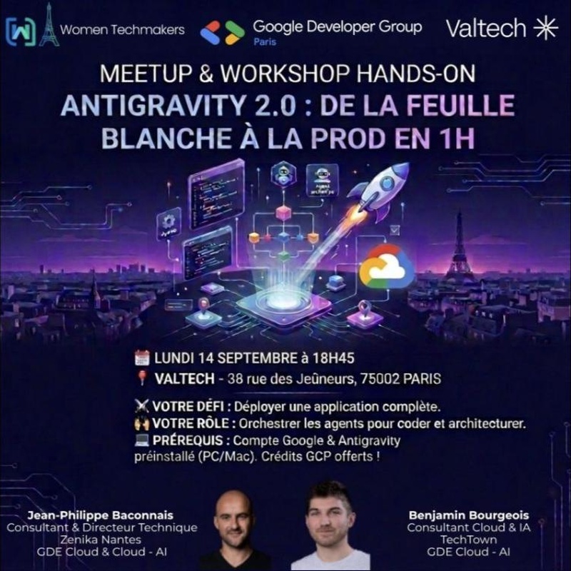 devfestparis's tweet photo. 🚀 Antigravity 2.0 : de la feuille blanche à la prod en 1h.
Meetup + workshop hands-on avec Women Techmakers Paris, GDG Paris et Valtech.
📅 Lundi 14 sept, 18h45
📍 Valtech, 38 rue des Jeûneurs, Paris 2e
💻 Compte Google + Antigravity requis
👉 https://t.co/LbFU0Uko4c https://t.co/kCawojXFzr