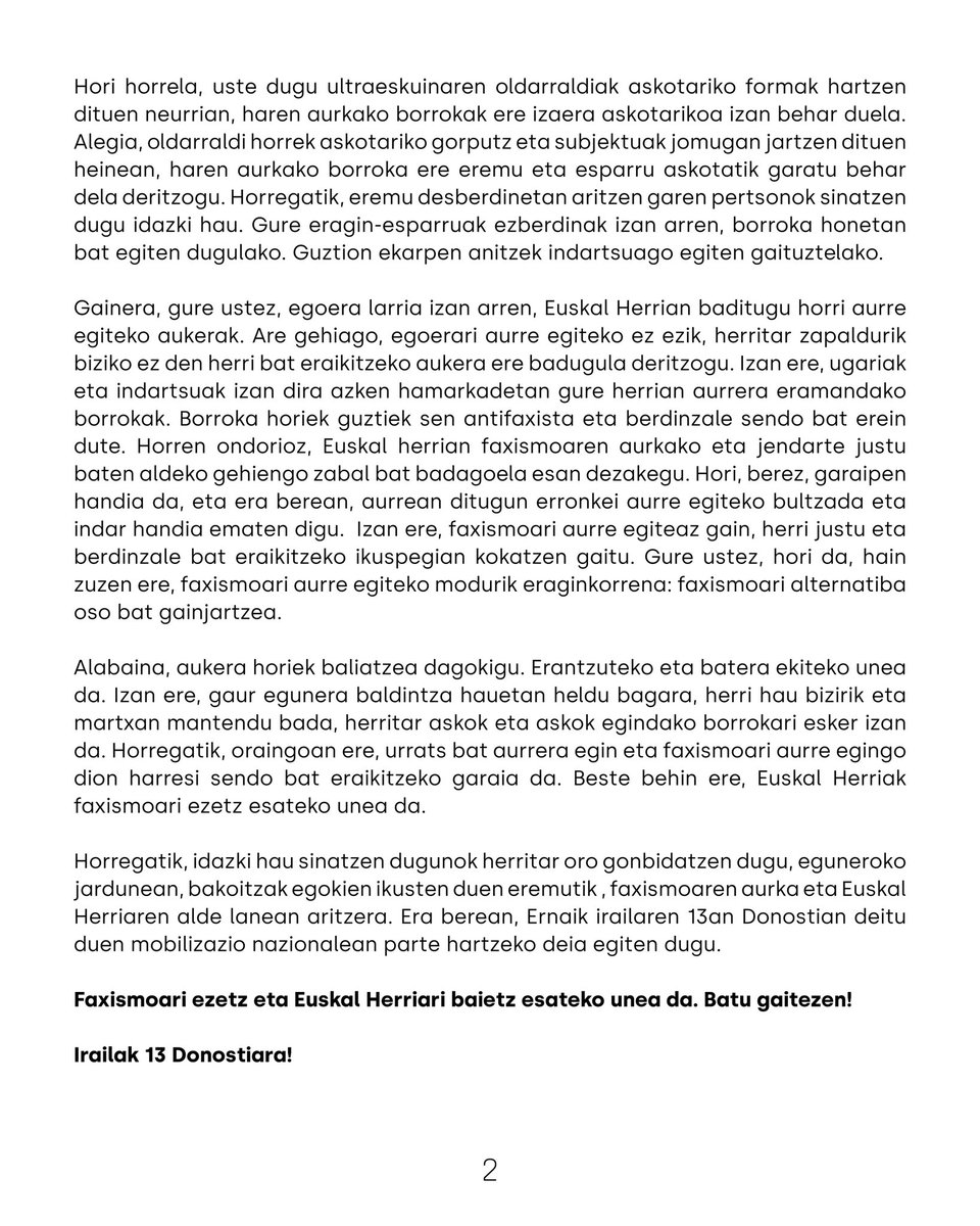 ernaigazte's tweet photo. Egun faxismoa kezkaz bizi duten kulturgintzako, aisialdiko, kiroleko eta hainbat mugimendu sozialetako pertsona erreferentzialek, faxismoaren kontrako manifestua sinatu eta irailaren 13an mobilizatzeko deia zabaldu dute.

Herri oso batek faxismoari ez!
Euskal Herria irabaztera! https://t.co/jrFM8cxTWE