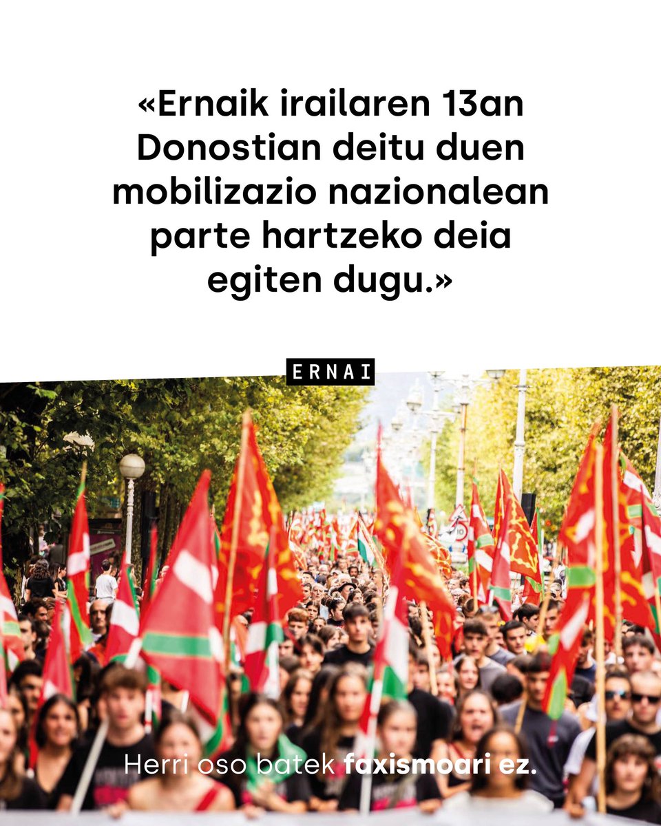ernaigazte's tweet photo. Egun faxismoa kezkaz bizi duten kulturgintzako, aisialdiko, kiroleko eta hainbat mugimendu sozialetako pertsona erreferentzialek, faxismoaren kontrako manifestua sinatu eta irailaren 13an mobilizatzeko deia zabaldu dute.

Herri oso batek faxismoari ez!
Euskal Herria irabaztera! https://t.co/jrFM8cxTWE