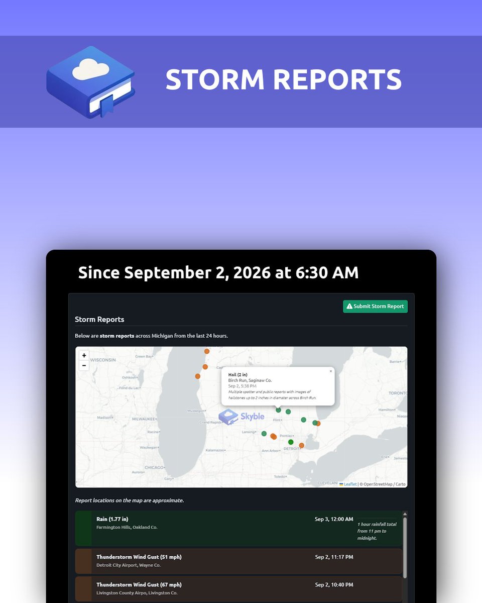 SkybleWx's tweet photo. Wednesday was a busy one! In addition to instances of 2 inch+ diameter hail in the Thumb region, Metro Detroit saw 60-70 mph gusts that knocked out power for tens of thousands.

Track the latest Michigan storm reports for yourself at https://t.co/Vv72H4X0lt

#miwx https://t.co/MhqbjOrqck