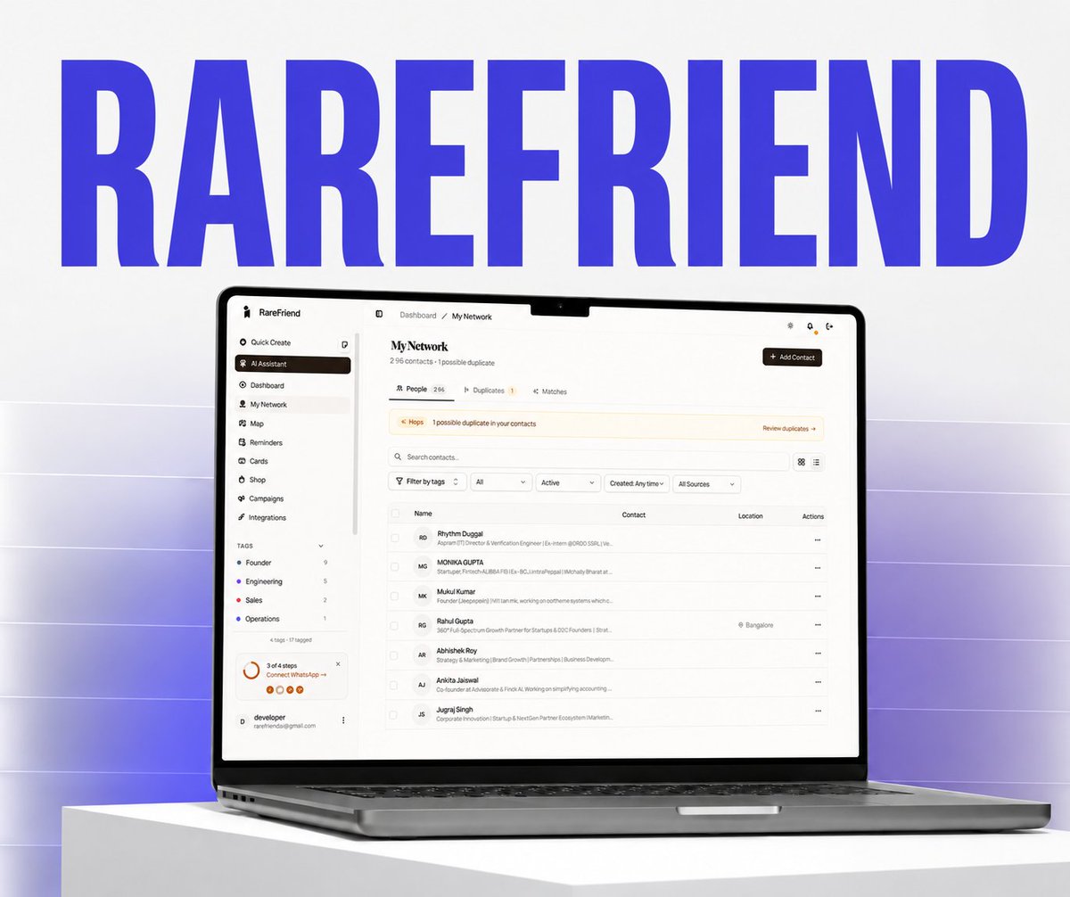 Rarefriend_ai's tweet photo. Your network, beautifully organized. ✦

Every connection has a story.
Rarefriend helps you keep track of the people who matter — from first introductions to meaningful follow-ups.

Build your network. Remember every connection. Grow together.

✦ Your network, all in one place.
✦ Smart. Simple. Personal.

Join Rarefriend today →
https://t.co/txzkqVNHY3