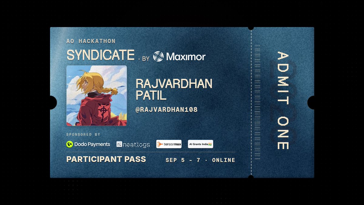 Rajvardhan108's tweet photo. I'm attending Syndicate, @aoagents' online hackathon.

Cash prizes are up for grabs, powered by @maximor_ai and supported by @dodopayments, @neatlogs, @Tensormux, and @aigrantsindia.

See you there! https://t.co/D8F4g9rPyq https://t.co/Ik4MZexRzO