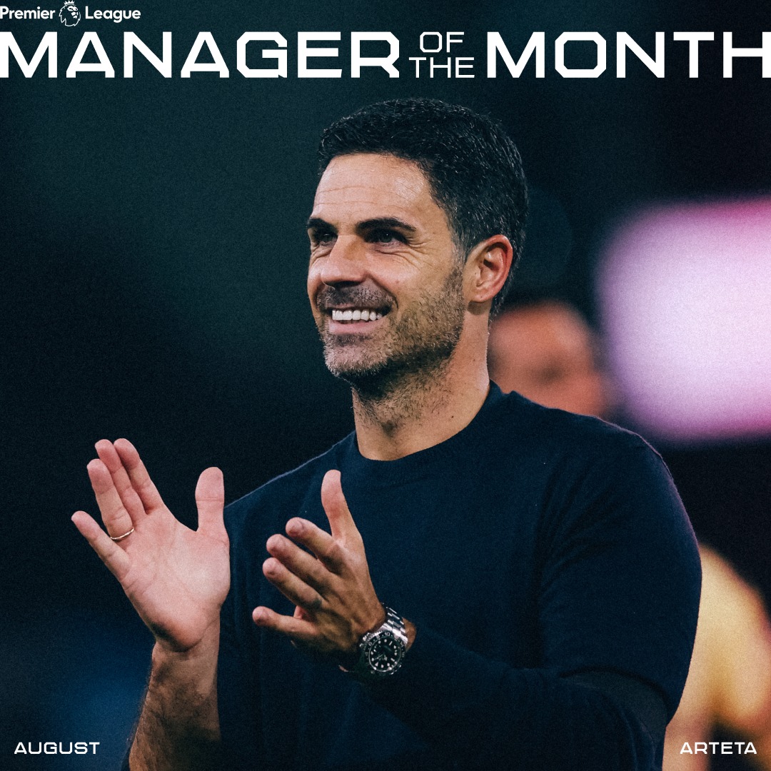 Arsenal's tweet photo. Starting as we mean to go on 👊

The boss is up for August Manager of the Month 👇