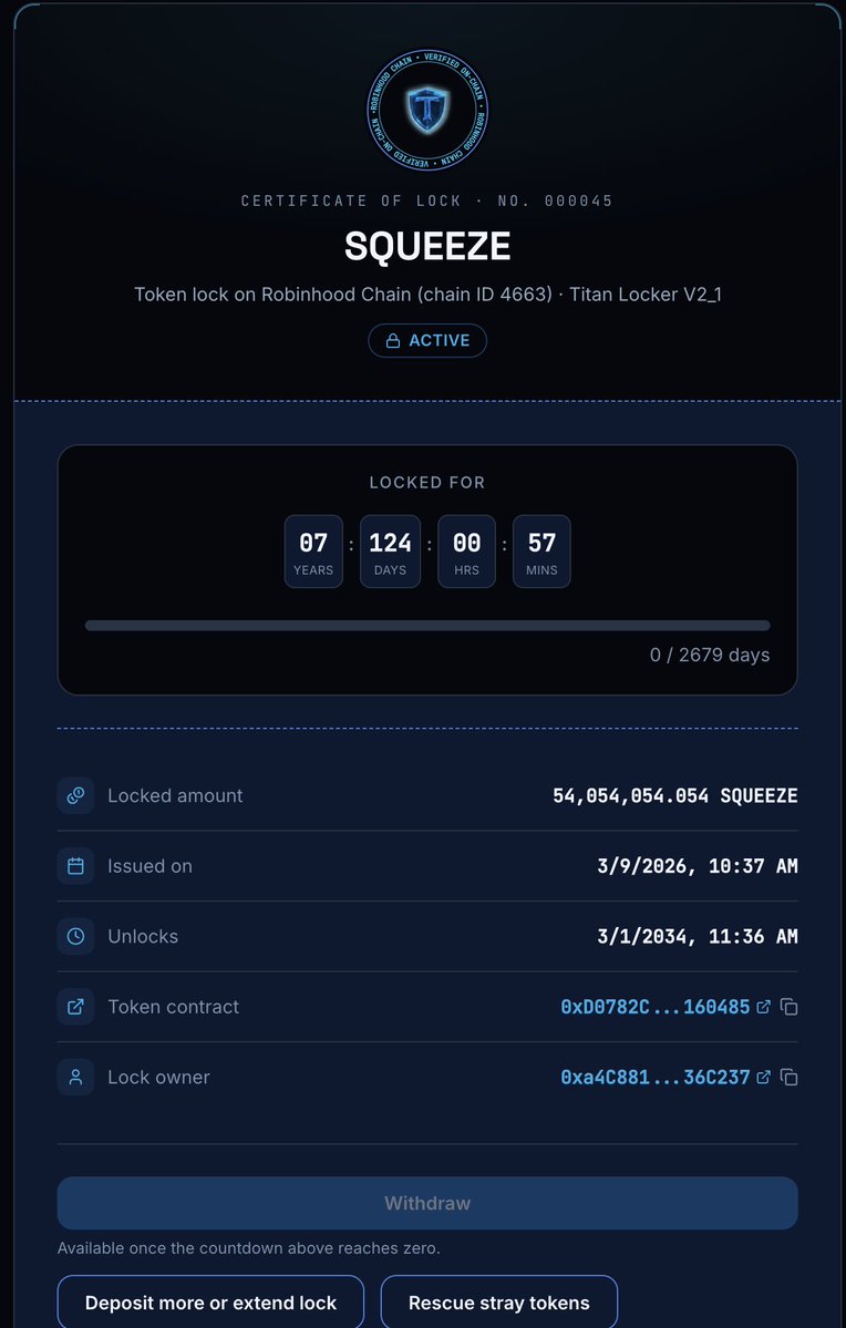 ShortSqueeze__'s tweet photo. Locked dev tokens 5.4% for 7 years.

Need to pay dex next.

Then deposit more fees into brokerage. https://t.co/zsZnB3s7cN