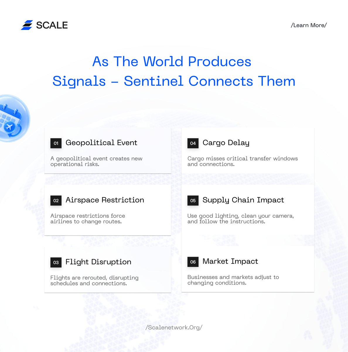 SibleNetworkAI's tweet photo. As The World Produces Signals, Sentinel Connects Them. 🌍

Global conditions can shift quickly as disruption in one part of the world can ripple into systems far beyond it.

A geopolitical event could lead to an airspace restriction as airlines begin rerouting long-haul flights within hours, which lead to longer routes increasing fuel consumption, aircraft schedules shift, and cargo that depended on tight connections starts missing transfer windows.

This disruption does not stay inside only aviation. Freight operators may need alternative routes, manufacturers can face delayed components, and businesses exposed to time-sensitive shipments may need to adjust inventory or delivery plans. At the same time, regional security updates and energy prices can change the wider picture again.

Scale Sentinel is designed to bring those signals into a shared intelligence environment. 

It continuously analyzes real-world events, connects related developments across regions and industries, and evaluates how one event may influence what happens next.

A disruption in one place can create consequences far beyond where it started. Sentinel helps users follow that chain from the first signal to the wider operational impact.

Event → Context → Impact → What Happens Next

Scale Sentinel
Understand What’s Happening. Anticipate What’s Next.

#ScaleAI #SCALE #ScaleNetwork