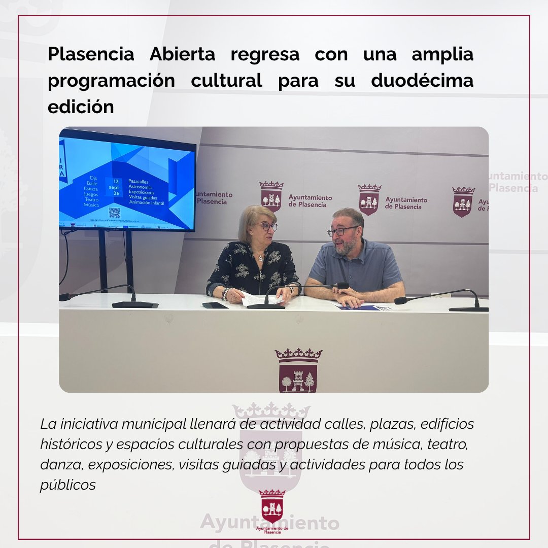 Ayto_Plasencia's tweet photo. 🎭✨ El sábado, 12 de septiembre, llega la 12.ª edición de #PlasenciaAbierta.

Desde las 19:00 h, Plasencia se llena de música, teatro, danza, exposiciones, patrimonio y actividades para todos.

👉 Toda la programación: https://t.co/lJ1FYOjptr https://t.co/L2mW2KKRv9