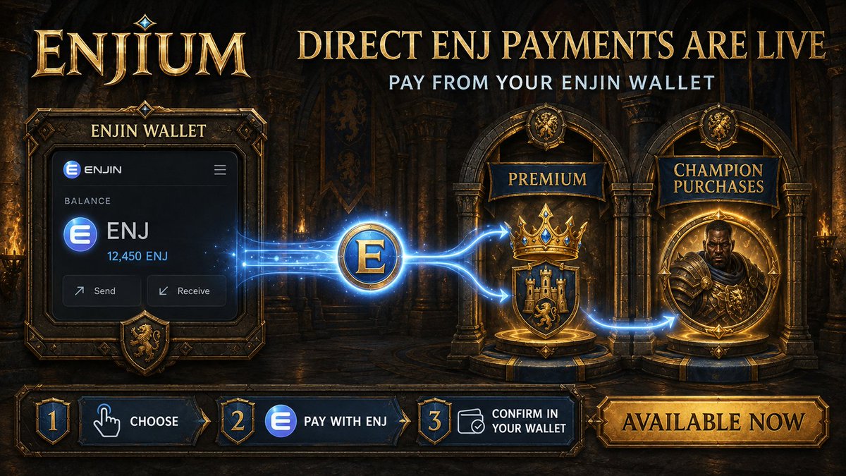 KepithorStudios's tweet photo. Your ENJ now has a direct route into Enjium. 🏰
Pay straight from your @Enjin Wallet when purchasing Premium or Champions, then continue building, researching and competing for the season.
#CryptoGaming #StrategyGaming https://t.co/aIYDnsDH6w