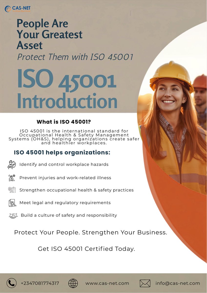 CASNETLIMITED's tweet photo. Your people are your greater asset. Protect them with ISO 45001.
Build a safer workplace, reduce risks and show your people that their safety matters.
Safety isn’t optional. Make it a standard.
#ISO45001 #SafetyFirst #WorkplaceSafety #CASNET https://t.co/8OBR4edkW8