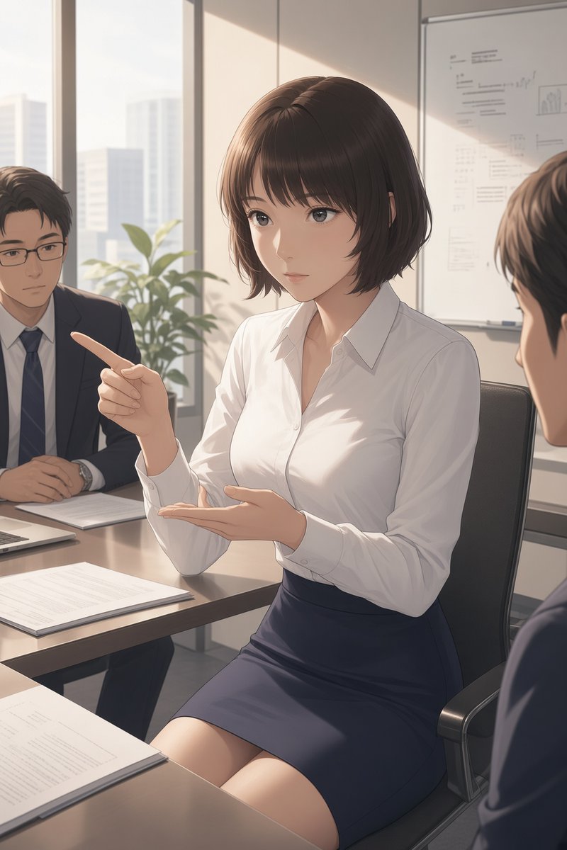 toshi_104473's tweet photo. 仕事中。

会議で説明してる。  
淡々と話すつもりが、少し力が入った。

午後もこのままいきます。

#AIイラスト #オリキャラ #湊本敏代 #SE https://t.co/bLYi0k3jAA