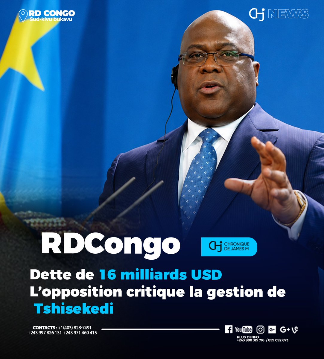 JamesMukeshaba's tweet photo. #RDC🔴: “ La dette de la RDC est actuellement de 16 milliards de dollars. Malgré la révision du taux d’imposition à 10 % dans le Code minier,  Félix Tshisekedi a échoué dans tous les domaines ” a dit Chadrack Kieleka, de SAUVONS LE CONGO. https://t.co/HGd2SFC7gS