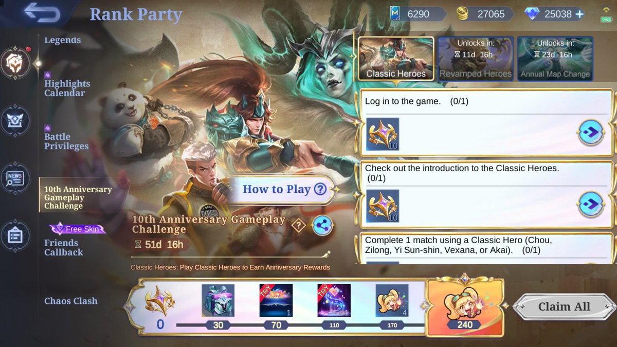 realgodofmlbb's tweet photo. 10 TH GAMEPLAY CHALLENGE 
CLASSIC HEROES 
AKAI CHOU ZILONG VEXANA YU SUN SHIN
September 4 Start

#godofmlbb https://t.co/kaSSXUihUQ