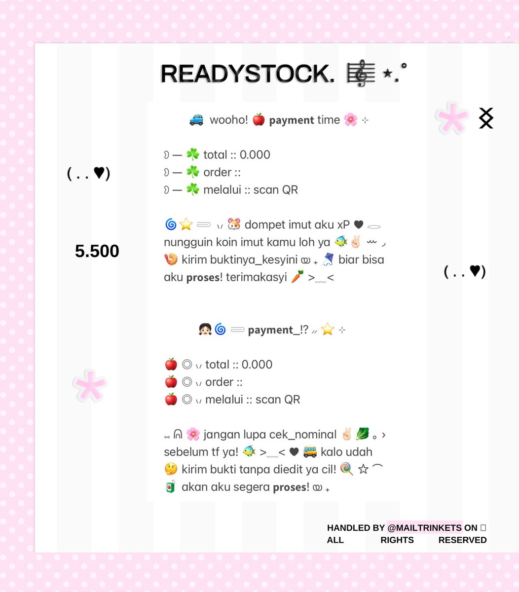 mailtrinkets's tweet photo. a repost would help, thank you! 

༘ 🚙 adik terkedik - kedik :P ✌🏻😂 ♥︎ 🥬 ⌒ 🍔 siapa cari wording payment 👧🏻 _ !? ☆ ⸝⸝  🍎 cuma IDR 5.500 loh yaa 🍭⌇boleh minor retext emoji. ˚⸝⸝ Ი  🐡 jemput di DM kyo! 

#zonauang #bealanja https://t.co/P1FJt9WebB