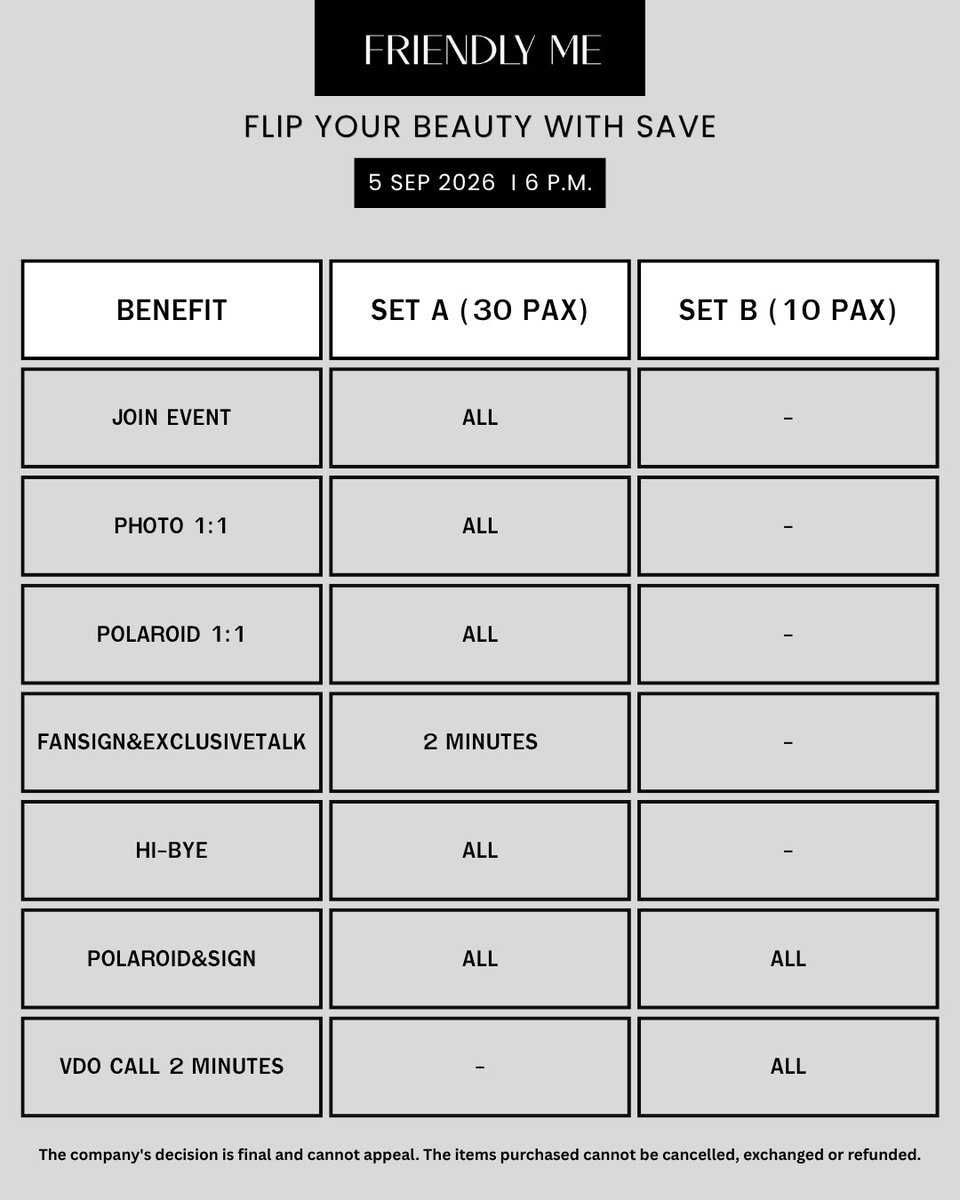 FriendlyMe_TH's tweet photo. อัพเดทจำนวน Set ที่ว่างสำหรับงาน Friendly Me Flip Your Beauty with Save  

SET A : 17 sets ✅ 
SET B : Sold Out ❌  

สนใจเข้าร่วมกิจกรรม สอบถามรายละเอียดเพิ่มเติม Line Official : @ friendlyme

#FriendlyME 
#FriendlyME_Thailand #FriendlyMeFlipLongwearCompactFoundation #savewrg https://t.co/qSlXPjV3um