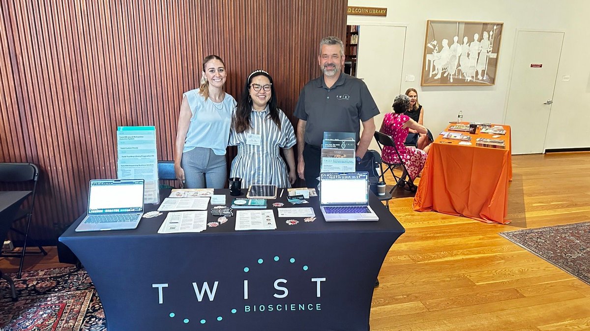 TwistBioscience's tweet photo. Three vendor shows &amp; complex gene launches down!

Olivia R. &amp; Heley O. hit back-to-back vendor shows at NYU, Mount Sinai, and the Tri-I last week. 

It was great to see how many people were genuinely excited about our new complex gene synthesis pipeline. https://t.co/iGPWNMLyxd