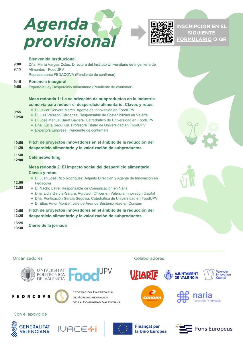 foodupv's tweet photo. 📢 ¡Faltan 3 semanas! El 22 de septiembre celebraremos la #jornada: ♻️ "Ley del #DesperdicioAlimentario: retos y oportunidades del sector"
✅ Agenda casi completa
✅ Participación de #empresas, entidades e #investigadores
✅ Inscripción gratuita abierta: https://t.co/owtlFXLcKr https://t.co/QQT5dChGvo