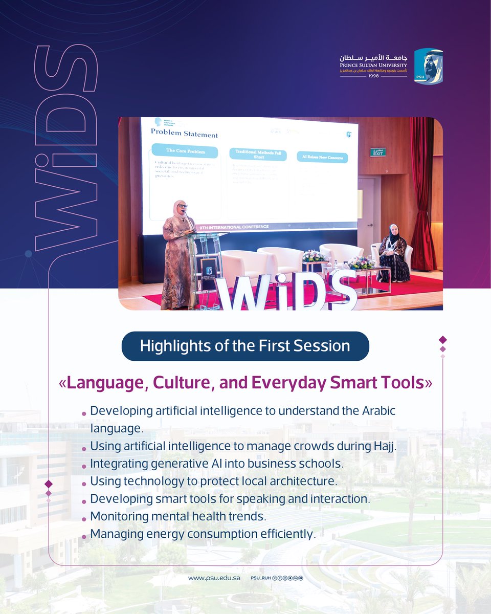 PSU_RUH's tweet photo. From “Understanding Arabic” to “Crowd Management,” insights and applications of #AI were discussed in the first session of the 9th International Conference “Women in Data Science” at #PrinceSultanUniversity.

#WiDS2026 https://t.co/zCJ0PALuwN