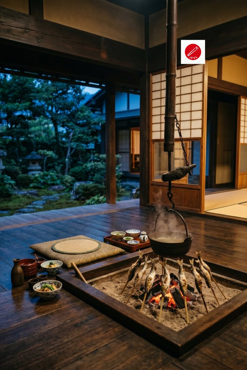 Kenta_JFVL's tweet photo. Irori warmth in the blue hour, enjoying river fish as the room and garden ease into evening.

#Irori #JapaneseArchitecture #BlueHour #RiverFish #囲炉裏 https://t.co/n0kW8gNQyR