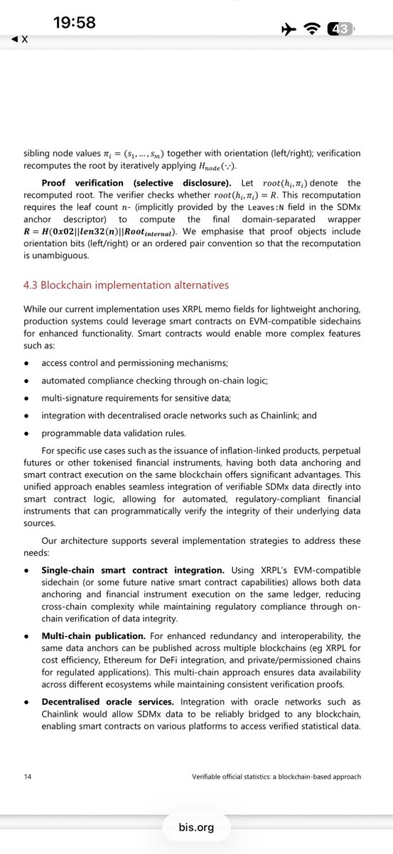 Peersyst's tweet photo. 🛡️ XRPL + XRPL EVM featured together in new BIS research.

The BIS just published a paper using XRPL to anchor and verify official statistics and explores XRPL EVM for the smart contract layer.

⚡️ XRPL: efficient, verifiable data anchoring
🌐 XRPL EVM: programmable execution, automated compliance & tokenized financial instruments

Complementary roles. One institutional architecture.