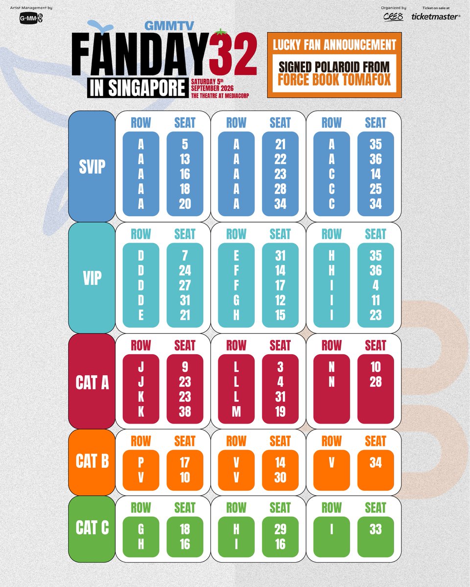GMMTV's tweet photo. Announcement of Lucky Winners for Pre-signed Polaroid and Private Photo with Mascot (1:1) at GMMTV FANDAY 32 IN SINGAPORE

Congratulations to all the lucky winners! 🎉

Please bring your concert ticket for verification at the registration point.

🗓️ SATURDAY, 5 SEPTEMBER 2026
📍The Theatre at Mediacorp

#GMMTVFANDAY32SG
#ForceBookTomafoxXFanday32SG
#TayNewPolcasanXFanday32SG
#GMMTV