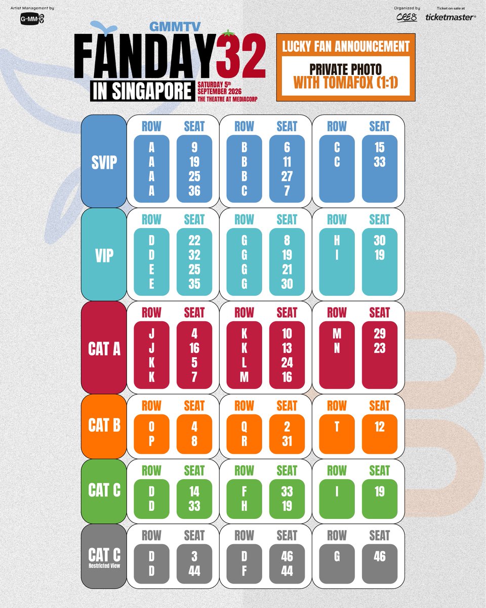 GMMTV's tweet photo. Announcement of Lucky Winners for Pre-signed Polaroid and Private Photo with Mascot (1:1) at GMMTV FANDAY 32 IN SINGAPORE

Congratulations to all the lucky winners! 🎉

Please bring your concert ticket for verification at the registration point.

🗓️ SATURDAY, 5 SEPTEMBER 2026
📍The Theatre at Mediacorp

#GMMTVFANDAY32SG
#ForceBookTomafoxXFanday32SG
#TayNewPolcasanXFanday32SG
#GMMTV