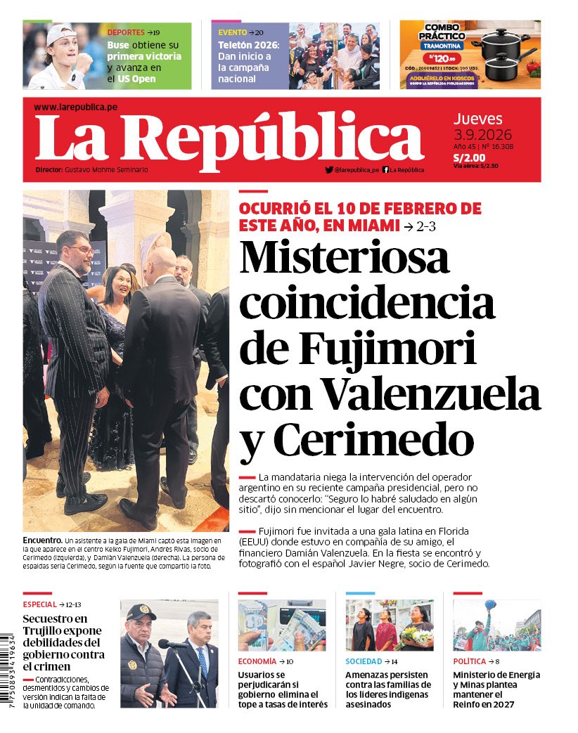 cviguria's tweet photo. Por la foto que publica hoy La República en su portada, Fujimori estuvo con Damián Valenzuela en la fiesta de Latin Wall Street en febrero de este año. En la imagen de Negre se ve a Valenzuela, el amiguis se Keiko atrás. Y es justo la persona de traje que se observa en la foto dd portada. 

En esa misma fiesta fue reconocido Fernando Cerimedo, quien también viajó a Perú el día de juramentación como presidenta. La República señala a través de testimonio de que Cerimedo trabajó para la campaña de Fujimori. Sin embargo, Fujimori negó ante medios.