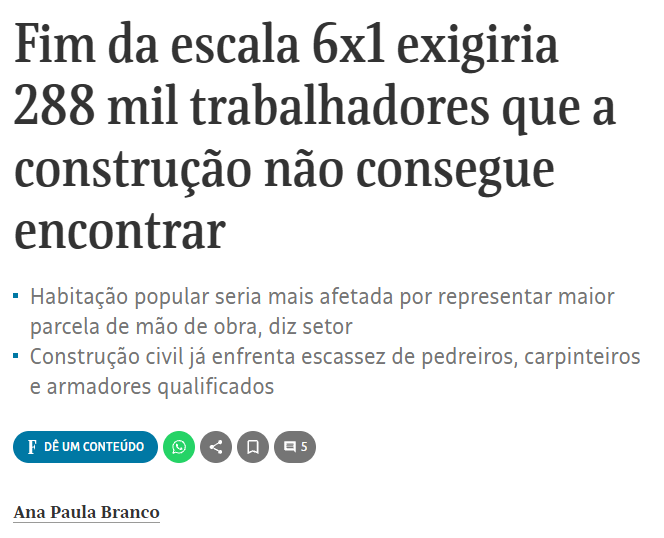 opapoeconomico's tweet photo. A construção civil calcula que precisaria contratar cerca de 288 mil trabalhadores para compensar a queda da jornada de 44 para 40 horas semanais. O setor diz que esses profissionais não existem no mercado: já falta pedreiro, carpinteiro, armador e operador de máquina antes de qualquer mudança na lei.

Obra funciona em cadeia, uma etapa depende do fim da anterior. Yorki Estefan, presidente do SindusCon-SP, aponta fundação, estrutura e revestimento de fachada como os pontos mais sensíveis, porque estão no caminho crítico e um atraso ali se espalha pelo cronograma inteiro. O sábado, hoje usado como reserva técnica para recuperar dia de chuva ou falta de material, sai da conta.

Nas simulações do setor, um prédio residencial de 30 meses passaria a 33. A Cbic estima aumento de até 15% no custo de mão de obra, o equivalente a R$ 20,3 bilhões por ano. A Abrainc calcula alta de 5,5% no preço dos imóveis, o suficiente para tirar cerca de 2,5 milhões de famílias da faixa de acesso ao financiamento.

O peso maior recai sobre a habitação popular, onde a mão de obra representa parcela maior do custo total, e sobre as pequenas construtoras, que têm menos crédito para investir em industrialização. A PEC prevê transição de 14 meses. A Abrainc pede 60, o tempo de um ciclo de obra.

Convém ler com desconto: quem faz a conta é quem paga a conta, e o setor tem interesse direto no prazo de transição. Mas a escassez de mão de obra qualificada no canteiro é anterior à PEC, e nenhuma emenda constitucional forma pedreiro.