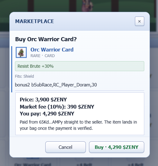 KrackHood's tweet photo. found an Orc Warrior Card in the Idle RO marketplace! The +30% Brute resistance looks really useful for building a tougher character. Curious how much this will help in future battles. @IdleROGame https://t.co/xTW6rd6c86