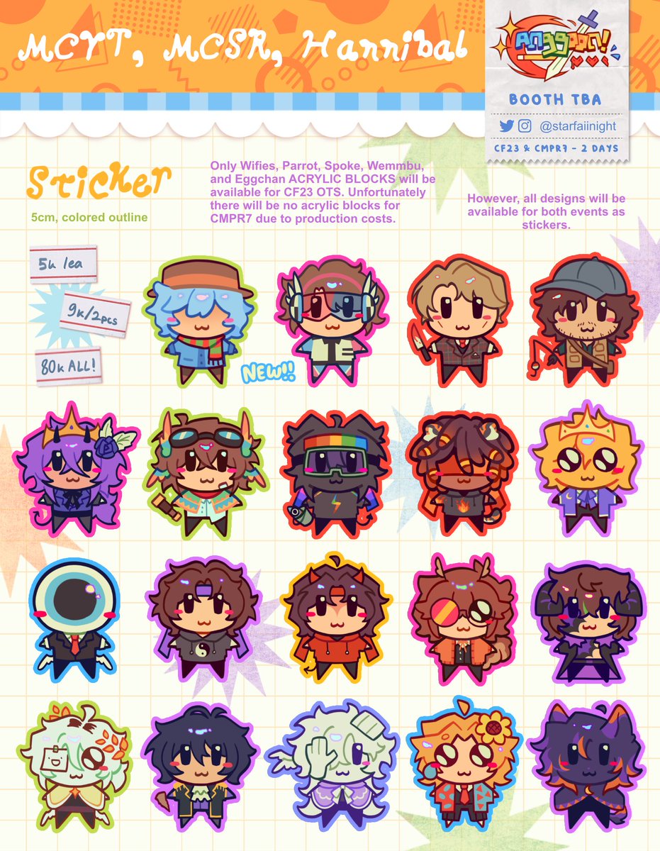 starfaiinight's tweet photo. HI my #CF23 &amp; #Comipara7 batch 2 catalog is here!!

📅3-12 September
📦Pick-Up Both Days &amp; Mail Order
🌻MCYT (Lifesteal, Unstable Universe, State SMP, DaD), MCSR, Hannibal, Playwright SMP, Originals

💫Full catalog &amp; PO link below! (1/3)
#comifuro23 #comipara https://t.co/V0dChoMqBA