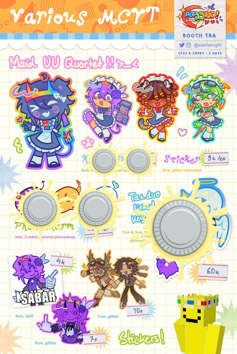 starfaiinight's tweet photo. HI my #CF23 &amp; #Comipara7 batch 2 catalog is here!!

📅3-12 September
📦Pick-Up Both Days &amp; Mail Order
🌻MCYT (Lifesteal, Unstable Universe, State SMP, DaD), MCSR, Hannibal, Playwright SMP, Originals

💫Full catalog &amp; PO link below! (1/3)
#comifuro23 #comipara https://t.co/V0dChoMqBA