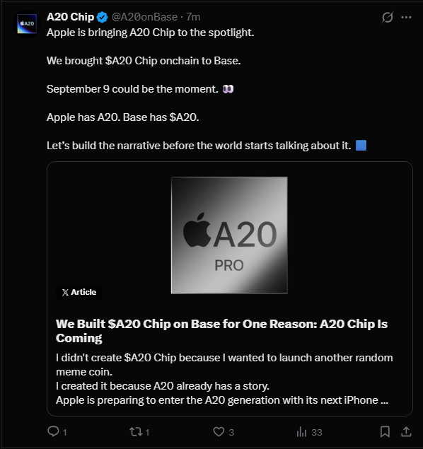 A20onBase's tweet photo. @0xkopil Merhaba Kopil,

Neden A20 çipi hikayesini dinlemiyorsun? Çok seveceksin. 👀

Tarih 9 Eylül, sakın geç kalma! https://t.co/cdZgWavoCt