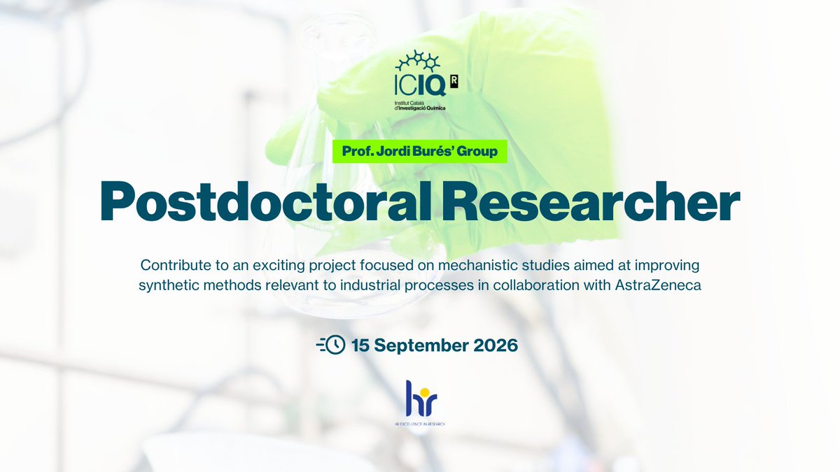 ICIQchem's tweet photo. #ICIQJobs 

🧑🏻‍🔬 ICIQ is hiring a #Postdoctoral Researcher to join Prof. Jordi Burés' group in collaboration with AstraZeneca

➡️ Project focused on mechanistic studies aimed at improving synthetic methods relevant to industrial processes. 

Apply 🔗 https://t.co/77oCCT9Z4f https://t.co/4qdIurdQkw