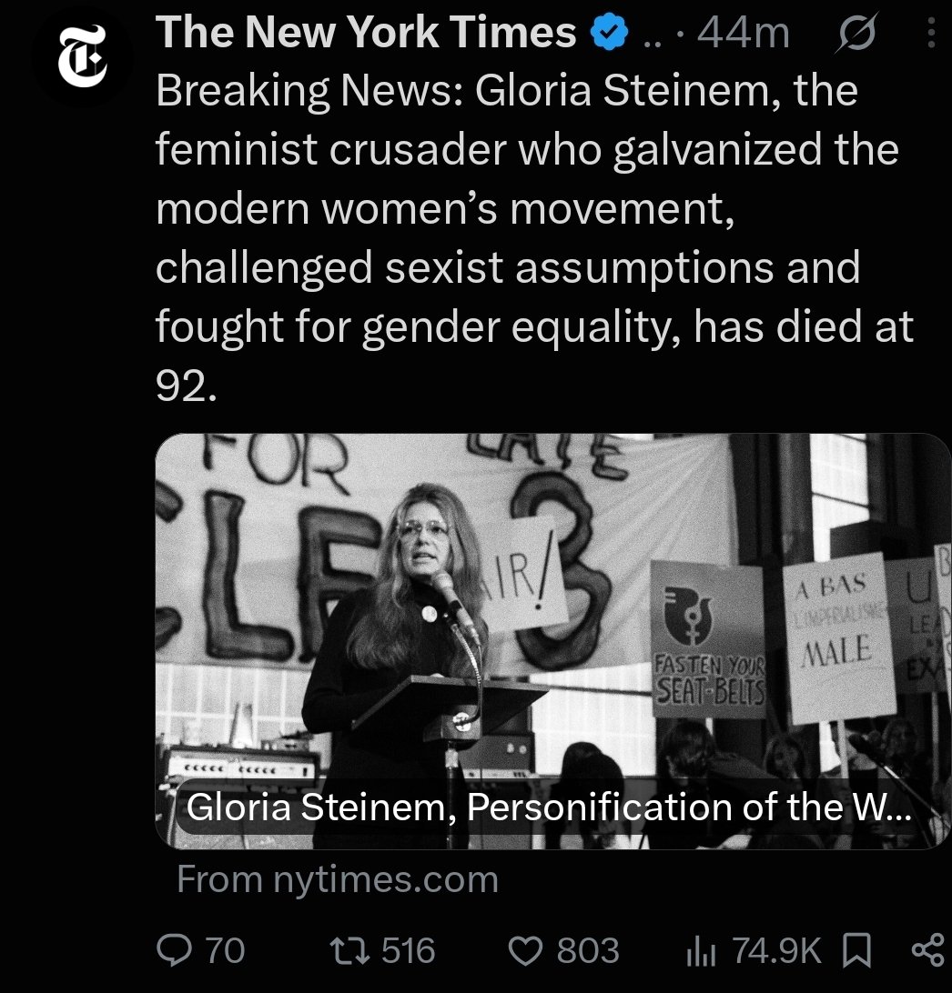 Caterinna313's tweet photo. RIP Gloria Steinem. Fake tears incoming. 3...2...1....go https://t.co/BTwK7XTeDU