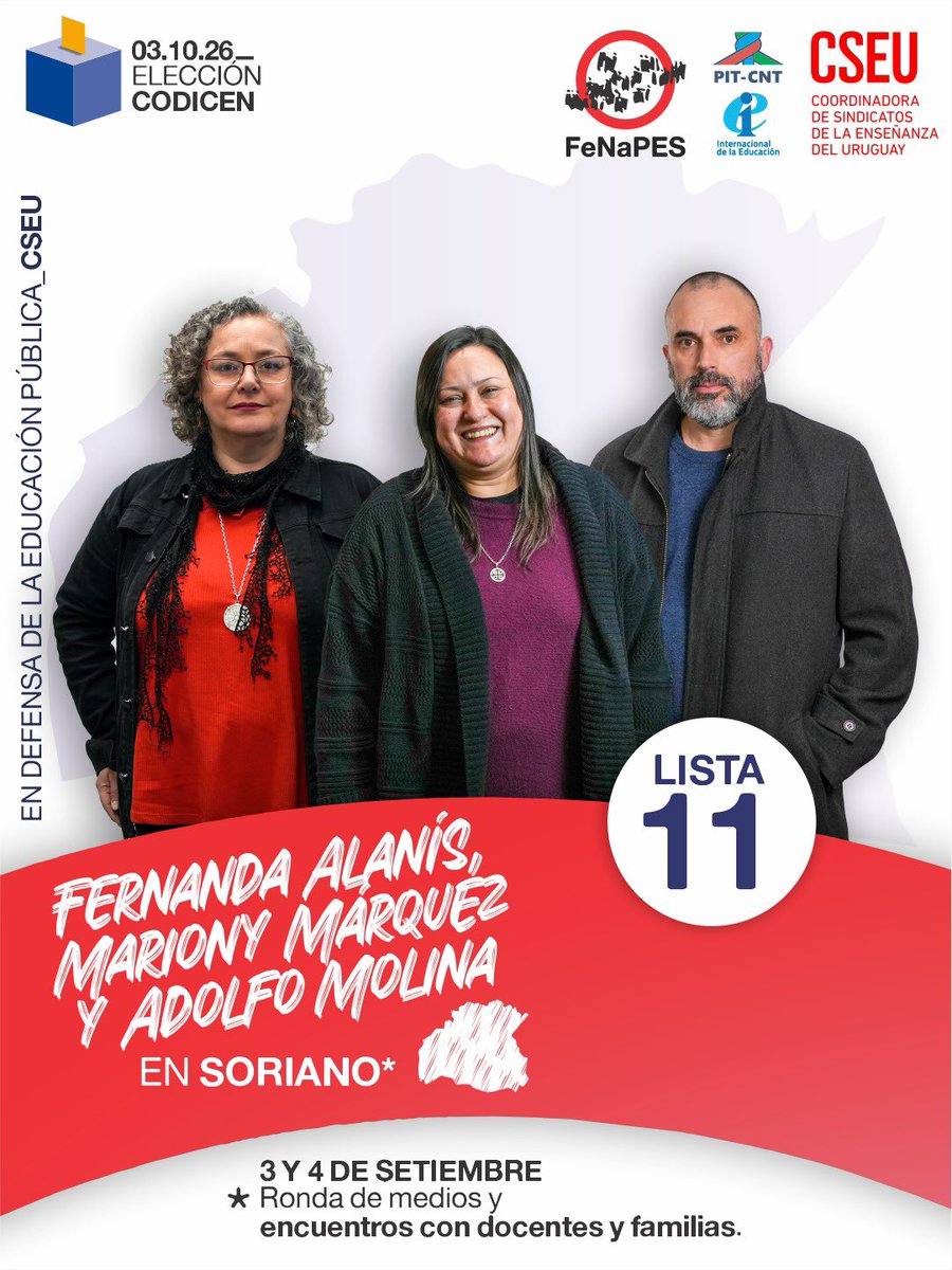 FenapesUruguay's tweet photo. 🗳️ ELECCIÓN CODICEN

📢 Fernanda Alanís, Mariony Márquez y Adolfo Molina recorren Fray Bentos y el departamento de Soriano. 

🗓️ 3 y 4 de setiembre. 

✊LISTA 11. Colegas de todo el país en defensa de la educación pública.

#FenapesSeMueve https://t.co/yNkWViFFWs