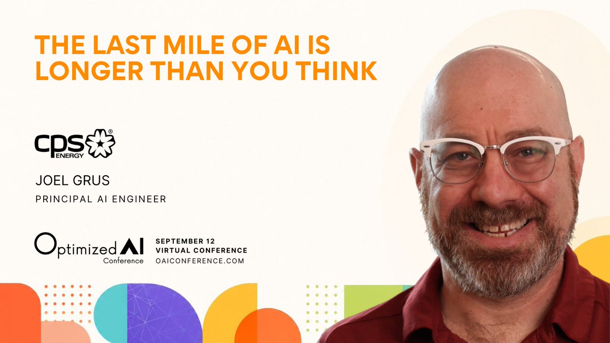 oaiconference's tweet photo. The last mile is where things get complicated.

Joel Grus is joining OAI to talk about “The Last Mile of AI is Longer Than You Think” — bringing his perspective from working across AI, software engineering, and data at CPS Energy.

📅 Sept 12

Free to attend.
Register Now: https://t.co/hbIhuwNKXL

#OptimizedAI #AI #FDE