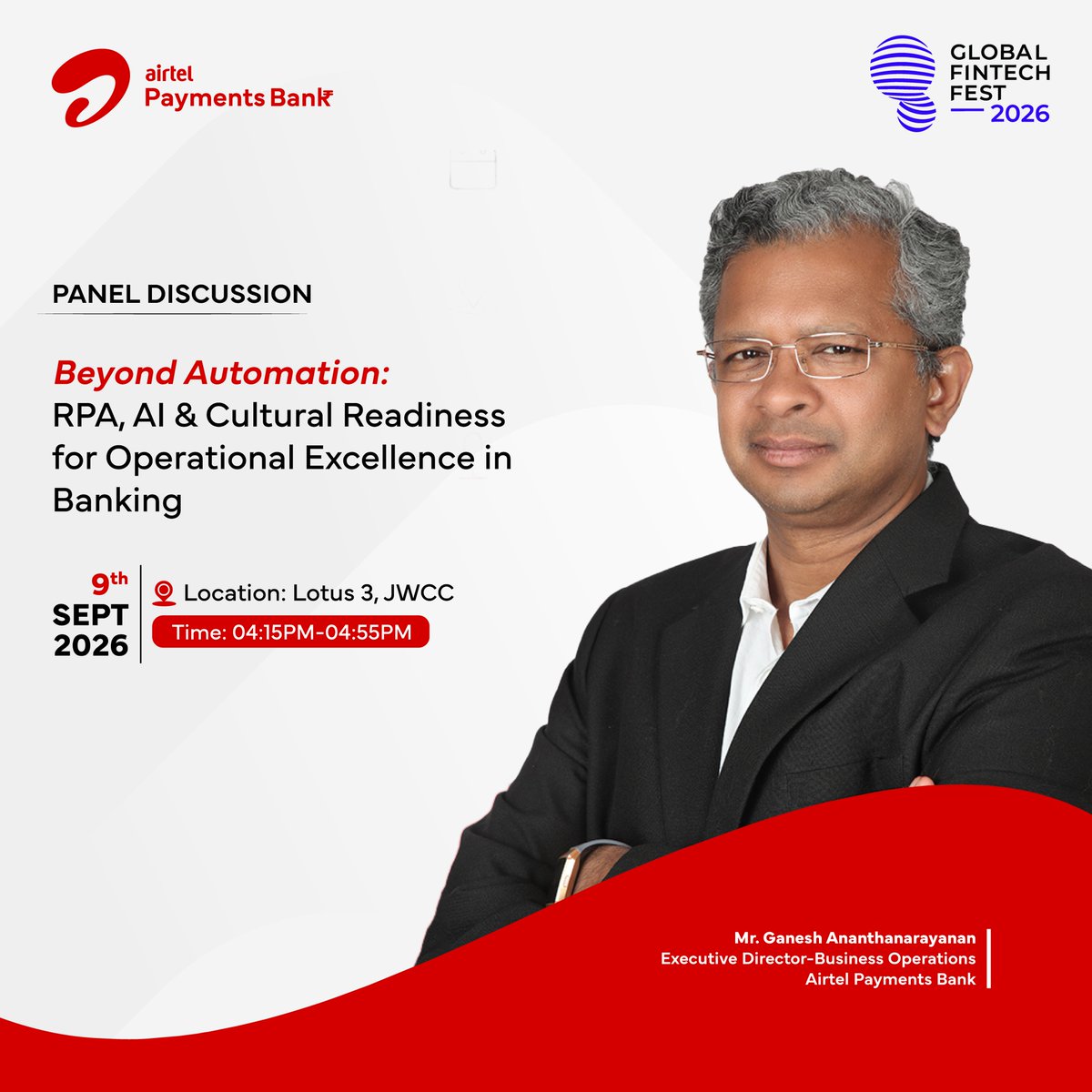 airtelbank's tweet photo. Technology can transform operations, but lasting change takes more.

Join Ganesh Ananthanarayanan, Executive Director - Business Operations, #AirtelPaymentsBank, share his perspective at Global Fintech Fest on 9 Sept’26, 4:15pm onwards.

#GFF2026 https://t.co/vjX0NOuTz2