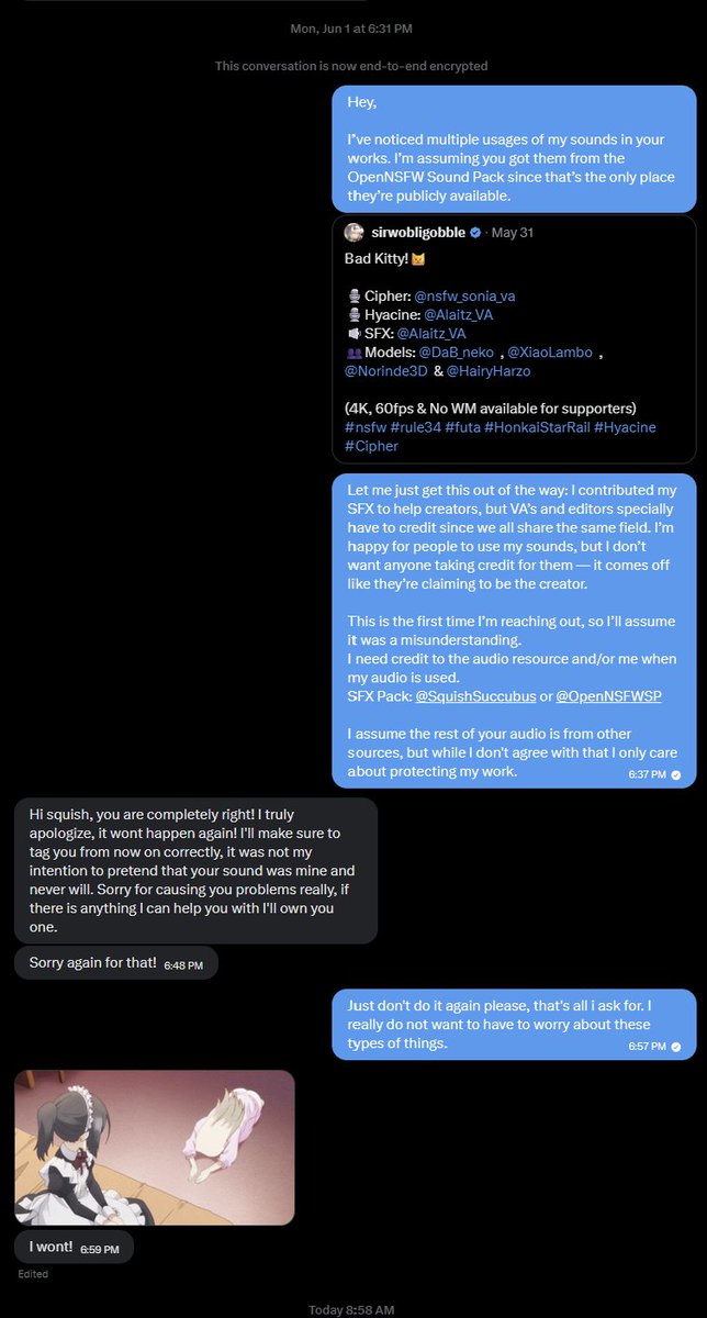 SquishSuccubus's tweet photo. I’ve never done this, but this situation needs to be addressed.

I put a lot of my work into the free @OpenNSFWSP  pack so people could use good Foley without paying. The only thing we asked for was credit.

@/Alaitz_VA has been using those sounds (a lot of them mine) and on other people’s posts she keeps getting credited as the SFX artist. Not the pack, not even as an editor. Her. On purpose. So it looks like she’s the one who made the sounds

We’re not even that hard on this. Animators usually get a pass if they miss a tag when they’re doing the sound themselves. It happens

Audio editors, VAs and sound people in general are held to a different standard. You know how credit works. Don’t want a huge credits block on the post? Fine. Most people put it in the first comment. You don’t even need to tag me or any other Foley artist. The pack alone is enough

She’s not doing that. She’s avoiding the tag so the credit stays on her. She hasn’t been the only one, but she’s been by far the worst

I talked to her privately the first time. She apologized, said it wasn’t on purpose, and said she’d tag it right from then on

What actually changed: she started crediting it on her own promo posts. That was it. She never told the artists who commission her “hey, tag the sound pack.” So their posts kept going out as “SFX: Alaitz.”

When I brought it up again, she dodged it. Said she wasn’t the one posting, that already tags it on her own posts. Said it wasn’t that deep and that if you tagged everything the credits would be endless. 
“Quit bothering me with that”
Then she blocked me.

Crediting your own promo and letting every commissioned post treat pack Foley as your SFX is not crediting. That’s the loophole.

The pack author told her to stop using it if she wasn’t going to credit it properly. She insulted him, said she wouldn’t use the pack anymore, and blocked him too

She kept using it

I’m not posting this to start a hunt. Private messages didn’t fix it, and I’m tired of watching my sounds go out with someone else’s name on them

If you use the pack, credit the pack. If you commission her and she tells you to write “SFX: Alaitz,” she’s lying. She probably hasn’t recorded a single sound effect in her life. Anyone who has would know how hard it is to get right, and why it matters when someone else takes the credit.