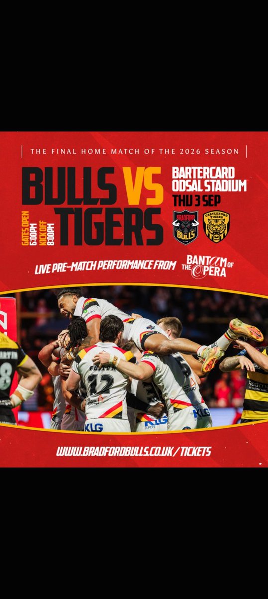 liammidgley's tweet photo. GET YOURSELF DOWN TO ODSAL STADIUM TONIGHT FOR THE BULLS FINAL HOME GAME OF THE SEASON 

Castleford Tigers Home 

With the gates opening at 6pm with entertainment all the way through till kick off, which is at 8pm

FOR ONE FINAL TIME FOR 2026 AT ODSAL. 

COME ON YOU BULLS. https://t.co/afh4Em1f1x