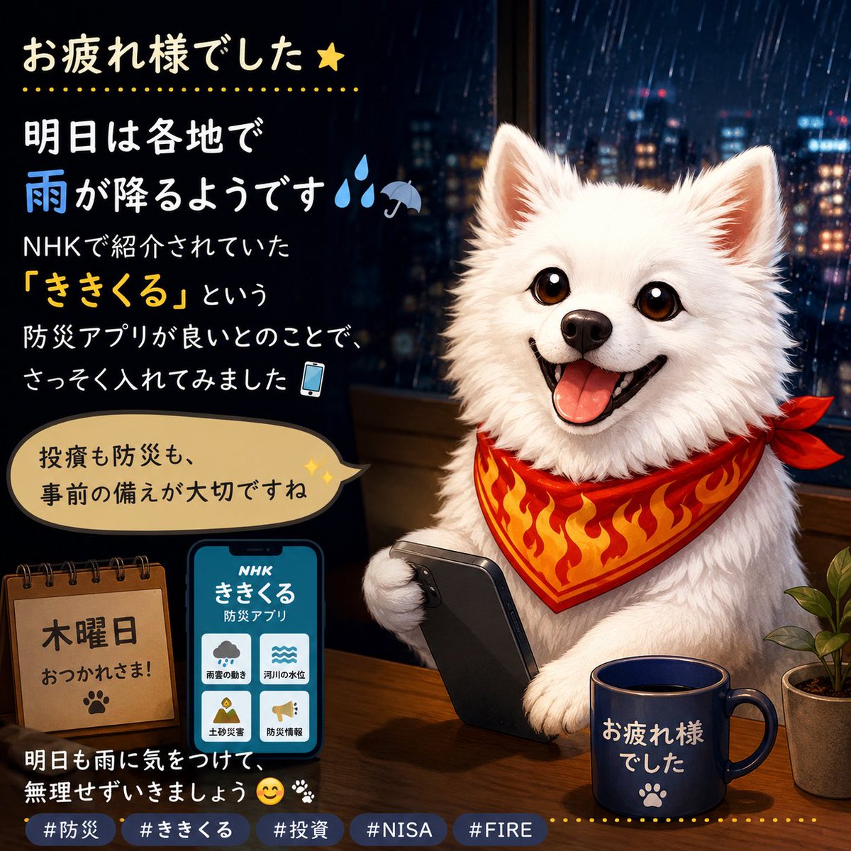 ysmsys's tweet photo. お疲れ様でした🌙

明日は各地で雨が降るようですね☔️
NHKで「ききくる」という防災アプリが紹介されていたので、さっそく入れてみました📱

投資も防災も、何か起きてから慌てるのではなく、事前の備えが大切ですね。

明日も雨に気をつけて、無理せずいきましょう😊

#防災 #ききくる #投資 #NISA #FIRE
