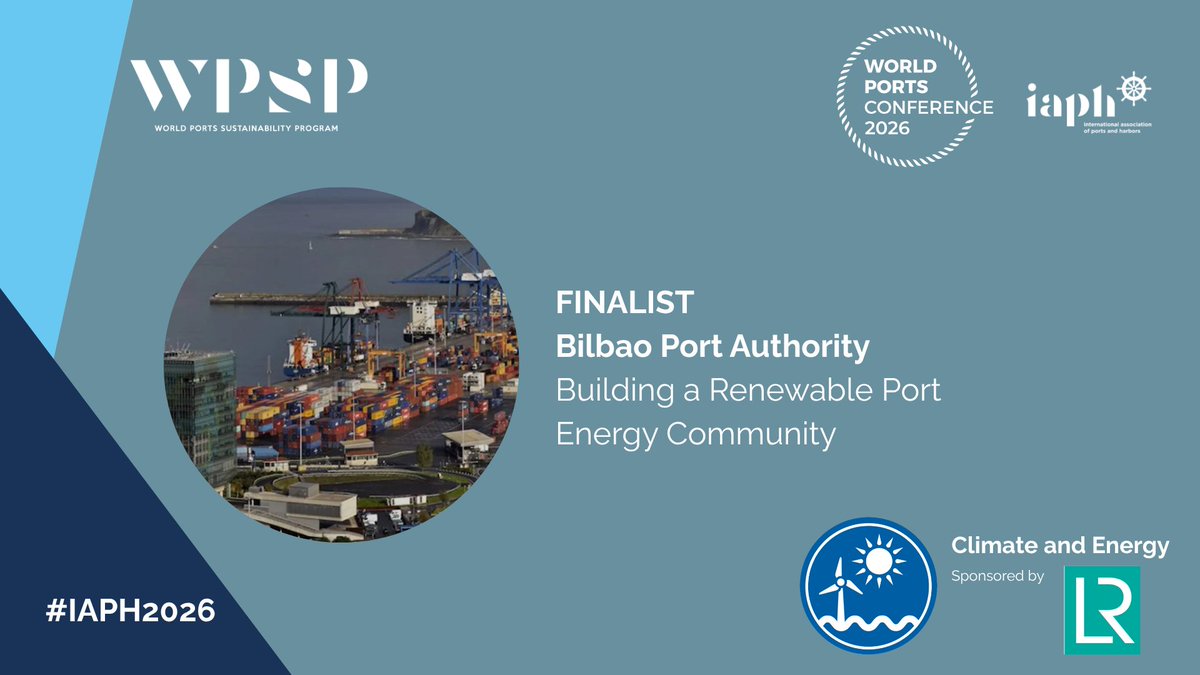 BilbaoPort's tweet photo. ⚓️ The Port of Bilbao is a finalist in the #IAPH2026 Sustainability Awards 🎉

🌱 Our project to develop a Port Energy Community has been selected as a finalist in the Climate and Energy category, alongside projects submitted by the ports of #Hamburg and #Oslo.

⚡️ The initiative will generate and store renewable energy within the port facilities and then share it among port operators. The goal: to maintain the competitiveness of port activities while accelerating the decarbonisation of the economy.

🗳 You can now discover and vote for the Port of Bilbao’s entry, as well as the other projects and categories, on the World Ports Sustainability Program (WPSP) website 👉 #IAPH2026 https://t.co/iVGYMjKSry

🗓 Voting closes on 2 October.

Thank you for your support! 💪

#BilbaoPort @WPSP_IAPH