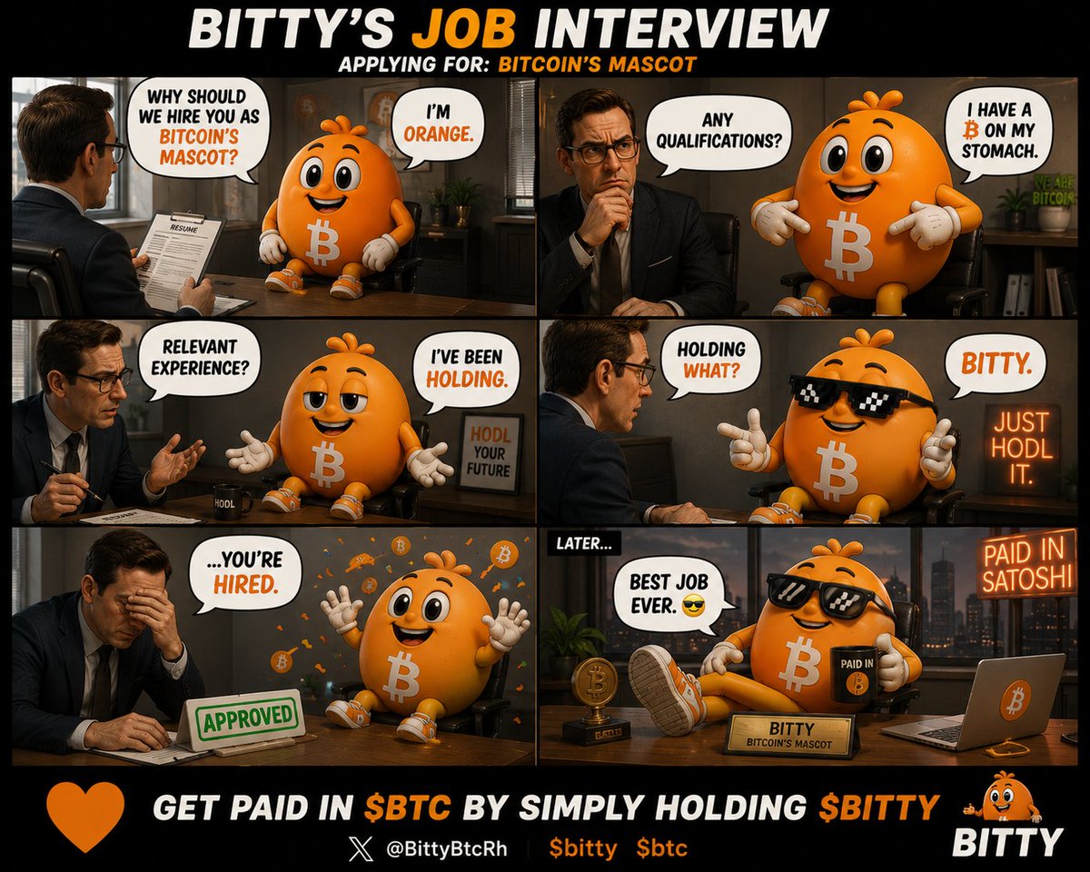 sos_crypt's tweet photo. My meme entry:

Interviewer: “Relevant experience?” 🤨
Bitty: “I’ve been HOLDING.” 🧡
Interviewer: “Holding what?”
Bitty: “BITTY.”
😎😂Bro was born for the job. ₿🧡
@BittyBtcRh solana:dTzEP9JU2NRDPuWtM32gaVKip2fTHBqjheU1APBpump bitcoin:native
@Amin_cryptz @furicrypts @NIF3MIMETA https://t.co/lzOmQQw2Ym