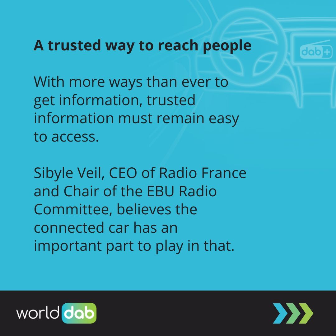 WorldDAB's tweet photo. The connected car is becoming a main gateway to information, culture and public debate. @SibyleVeil, CEO of @radiofrance, shares her view on why that matters. Full address from WorldDAB Automotive 2026 on YouTube. https://t.co/vsqg9lRMUh