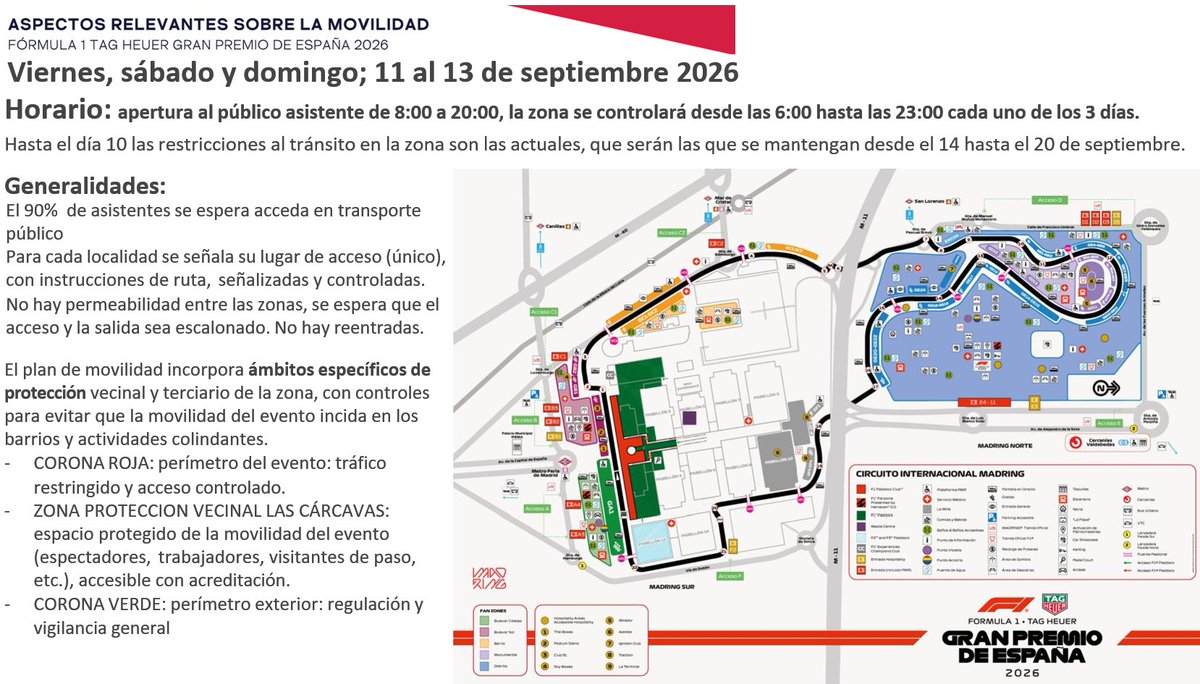 AVValdebebas's tweet photo. Ya está aprobado el Plan de Movilidad para El Gran Premio de Formula 1 de España.
Hemos trabajado con IFEMA para contar con un resumen de los detalles que como vecinos de las inmediaciones del circuito nos pueden afectar.
1/4 Algunos detalles generales de fechas y horarios https://t.co/K4LWkEtBrm