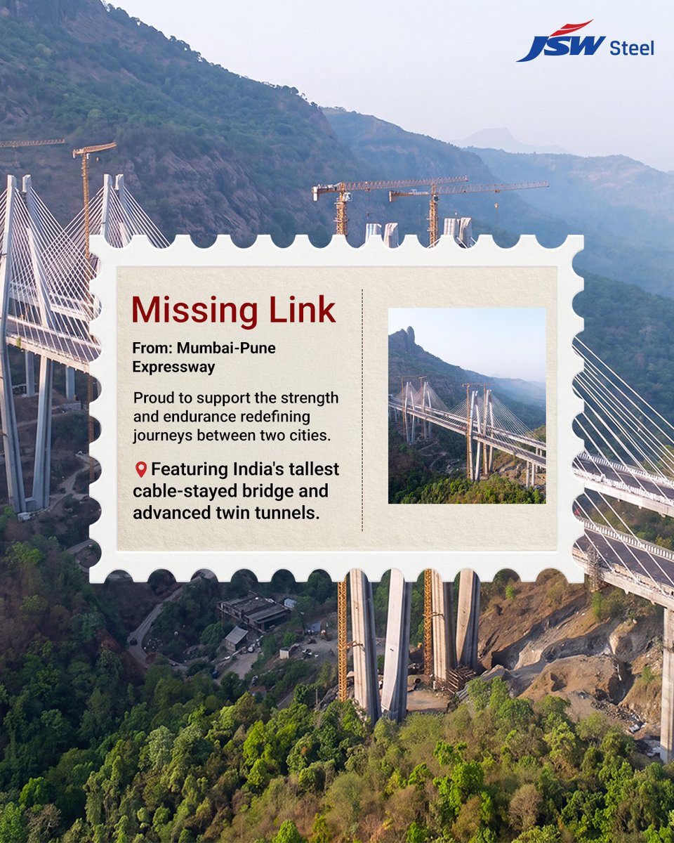 jswsteel's tweet photo. Reimagining one of India’s busiest corridors, the Mumbai–Pune Expressway’s Missing Link, meant building for greater speed, safety, and scale. This 13.3 km stretch reduces distance by 6 km and saves up to 30 minutes by bypassing the Lonavala–Khandala ghat. We at JSW Steel are proud to have supplied high-grade structural steel that supports this landmark, enabling infrastructure that keeps India moving forward.

#JSWSteel #MissingLink #InnovationIsAlwaysAround #MumbaiPuneExpressway