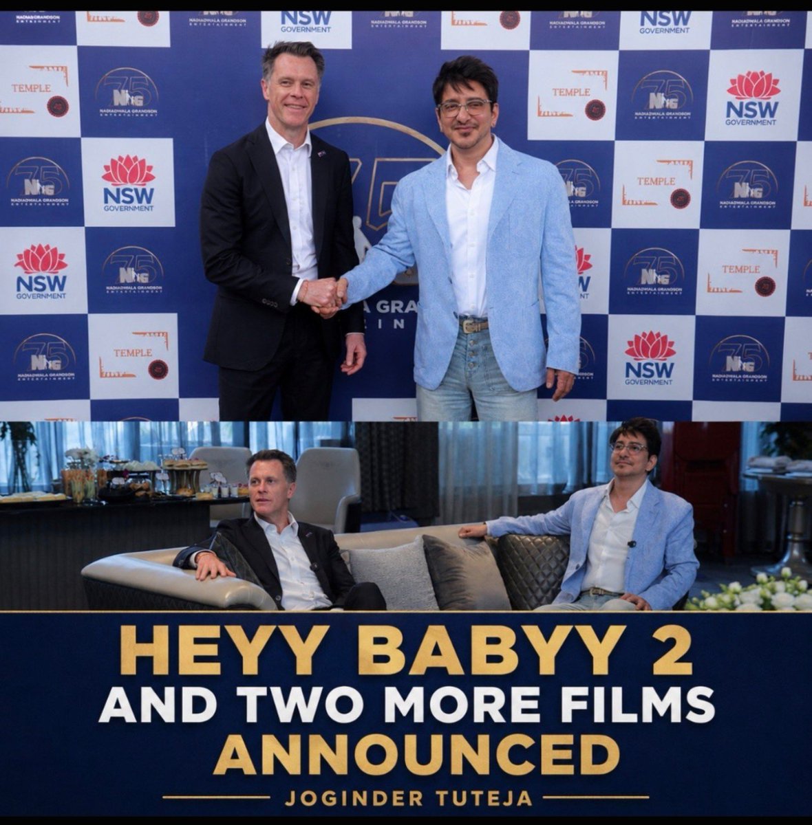 Officialvinod99's tweet photo. Three films. One massive Australia schedule.

Sajid Nadiadwala is bringing
 #HeyyBabyy2 and two more big-screen spectacles to Australia. 🔥 https://t.co/7RSs42EdoX