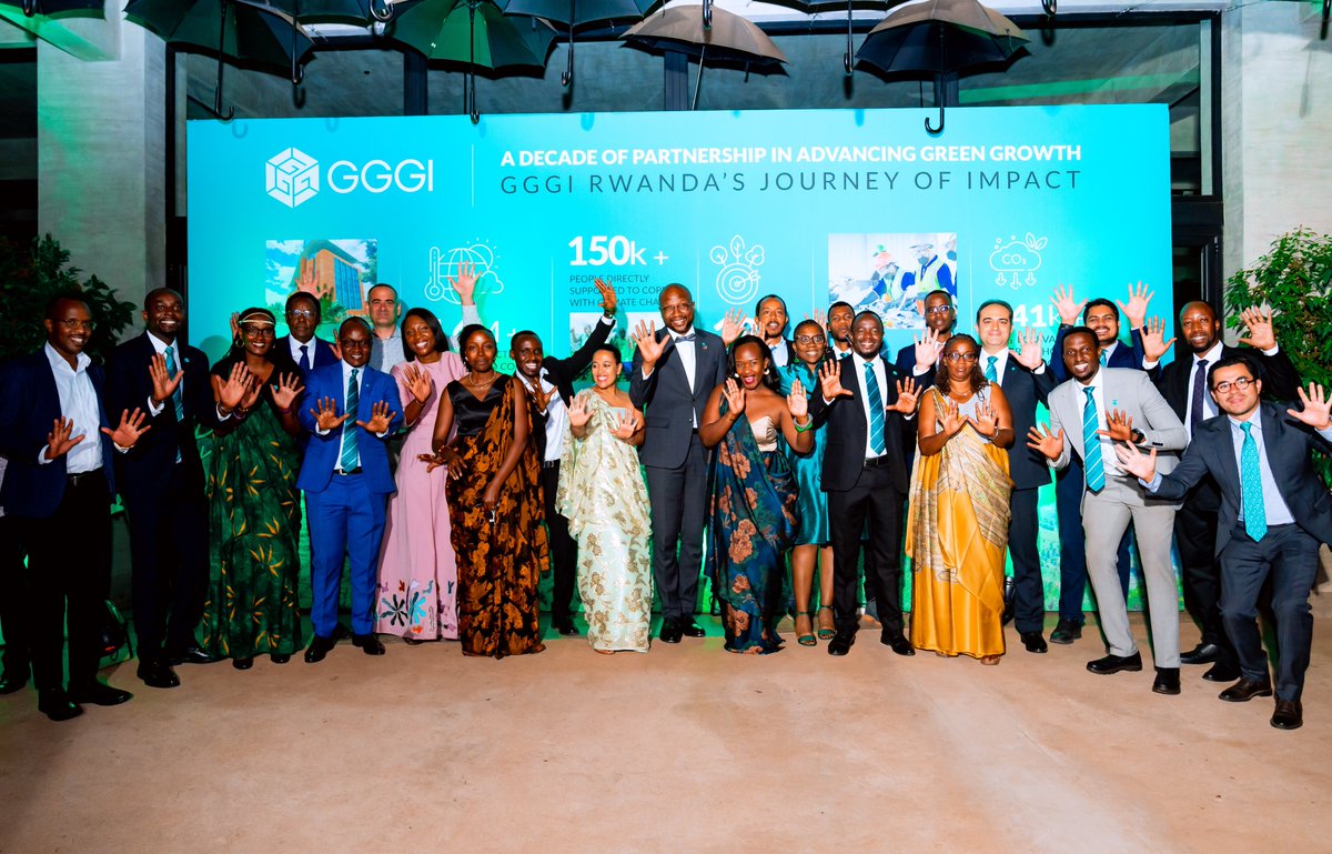 GGGI_Rwanda's tweet photo. 🤝🏿 Celebrating 10 years of partnership in advancing green growth in Rwanda
Yesterday, @GGGI_Rwanda celebrated a decade of partnership with @RwandaGov, marking the 10th anniversary of the signing of the Host Country Agreement between the Government of Rwanda and the Global Green Growth Institute | @gggi_hq.
Over the past decade, our collaboration has translated a shared vision for green growth into tangible results in sustainable and innovative finance, green cities and infrastructure, just and inclusive energy transitions, and sustainable landscapes and agrifood systems, while ensuring that no one is left behind.
The anniversary brought together representatives from the Government, development partners, donors, private sector, climate champions and academia. Together with our partners, we reflected on the journey, the milestones, the partnerships that made them possible, and looked ahead to the work that remains to advance Rwanda’s climate ambitions.
We were honoured to have Hon. Armand Zingiro, Minister of State at @RwandaInfra, as the Guest of Honour, alongside Dr. @MalleFofana, GGGI’s Deputy Executive Director and Head of the Green Growth Implementation Directorate.
A sincere thank you to all our partners and friends who joined us to celebrate this milestone and, more importantly, to everyone who has contributed to GGGI's #10YearsOfPartnership and #10YearsOfImpact.
#GreenGrowth #GreenRwanda🇷🇼🌿 #ClimateAction