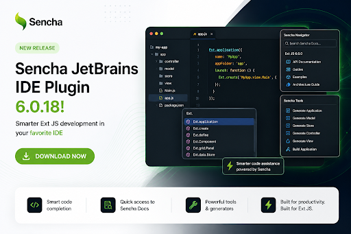 Sencha's tweet photo. If your Ext JS project wizard vanished on JetBrains 2026.2, or code completion went quiet — that's fixed in 6.0.18.

✅ "Ext JS App" &amp; "Ext JS Workspace" restored 
✅ @sencha/ext-core classes indexed 
✅ No more startup indexing errors

Grab it here → https://t.co/PNB89V0UfK https://t.co/7Oj8Fh0Fyw